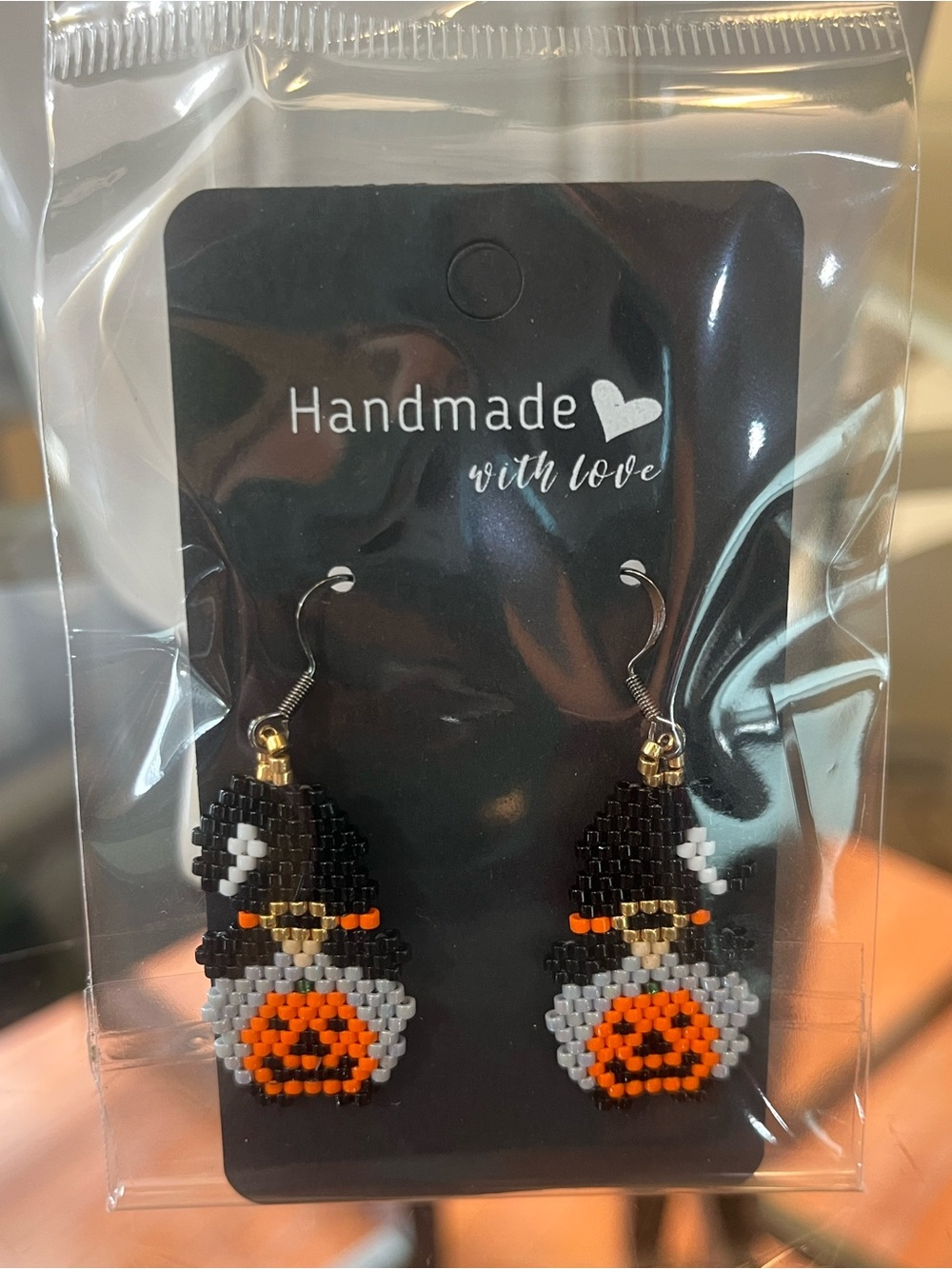 Handmade Black & Orange Beaded Penguin Earrings